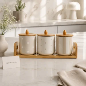 Premium 3-Piece Ceramic Kitchen Storage Jar Set with Airtight Wooden Lids & Bamboo Tray