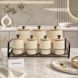 Premium 7-Piece Ceramic Kitchen Storage Jar Set with Metal Stand & Bamboo Lids | Spice, Tea, Coffee & Sugar Containers